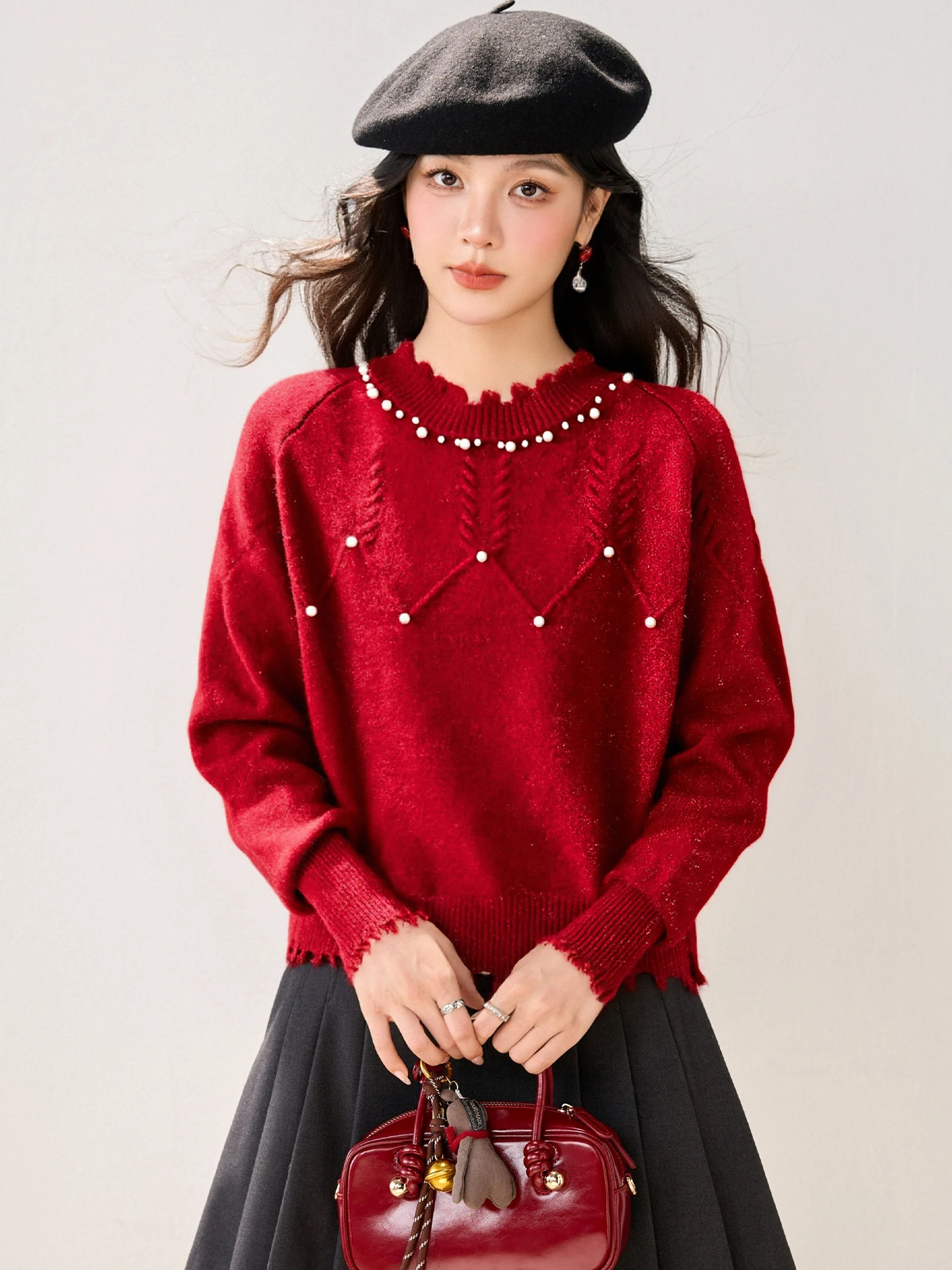 kf-S25fc0824af064d26bc222fc1289baf53e 2025 Winter Collection Features A New Red Base Sweater For The Zodiac Year With Beautiful Beaded And Elegant Unique Women'S Top - Image 1