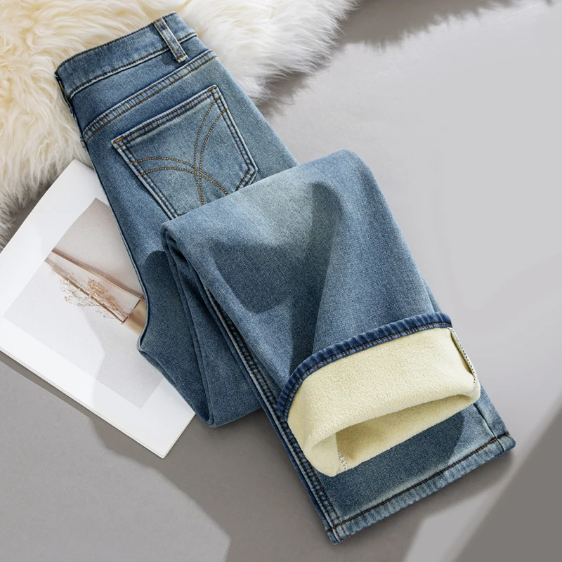 kf-S2a232ec64fa4488f96b635763f8fcbcd8 Y2k Pants Jeans for Woman Winter Fleece Lined 2025 New Thick Warmth Slim Wide Leg Straight Trousers Fashion casual - Image 1