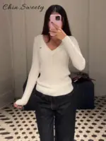 Casual Women's Striped Knitted Sweater V-neck Full Sleeve Slim All-match Pullover Female 2026 Spring Lady Chic Commute Knitwears - Image 4