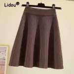 Knitted High Vintage All-match Skirts for Women Short 2022 New Korean Style Pleated Autumn Chic Women's Clothing A-line Skirt - Image 2