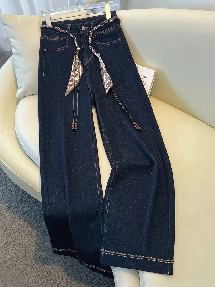 kf-S61f2452ecd3340e8a1bbeb5449487c0fI 2025 Autumn New Denim Blue Wide Leg Women's Jeans Super Popular Pants with Silk Scarf Belt Fashion Straight Trousers - Image 1