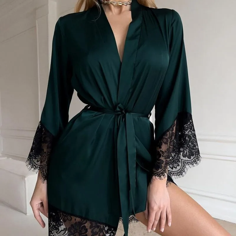 kf-S7e27997f14f24b9288277054f8b749aaM Women's Sexy Night Gown Robe V-Neck Satin Lace Bathrobe Half Sleeve Nightdress Female French Sexy Silky Satin Sleepwear - Image 1