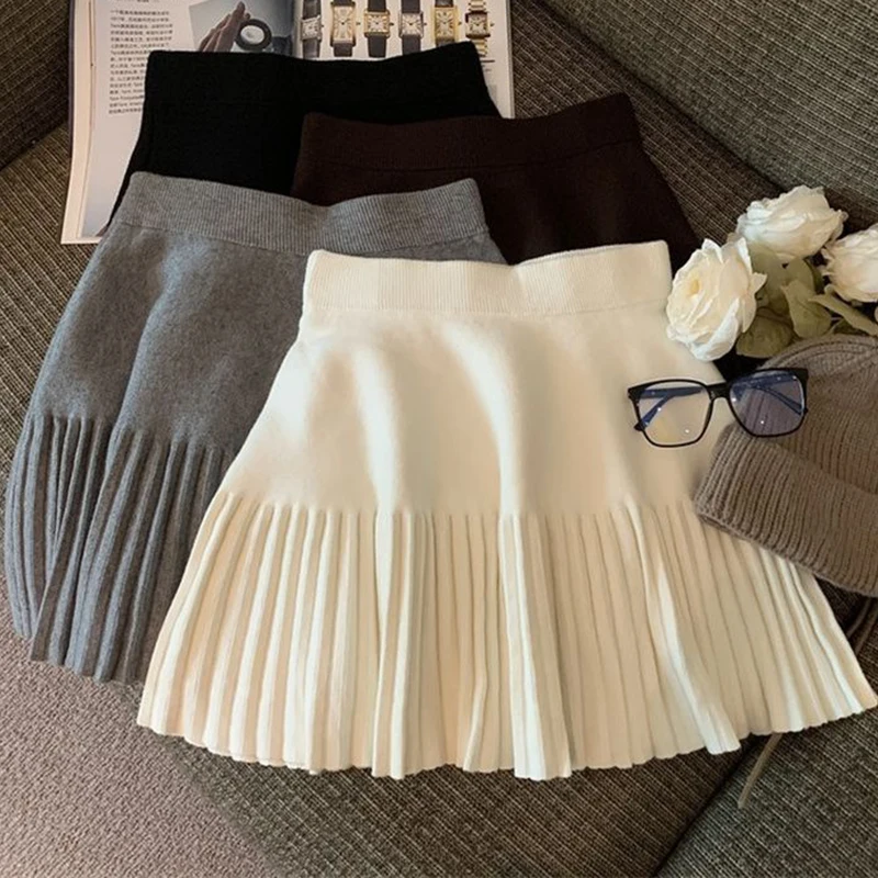 kf-S872c046565414c75b887c6c2c879a865O Pleated Mini Skirts Korean Sweet Knitted Skirts Sweet Elastic Waist Ladies Casual Youthful For Women's Clothes Solid Fashion New - Image 1