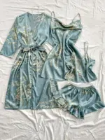 Summer irregular cherry print comfortable bathrobe and halter shorts sexy women's pajama four-piece set - Image 2